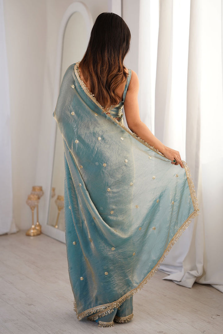 Cyan Color Party Wear Tow Tone Satin Lace Work Saree | Buy Online India