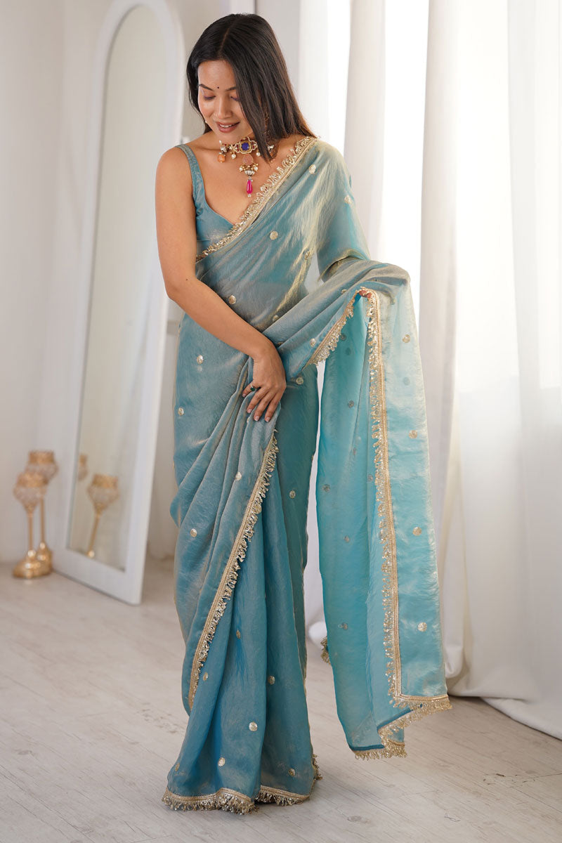 Cyan Color Party Wear Tow Tone Satin Lace Work Saree | Buy Online India