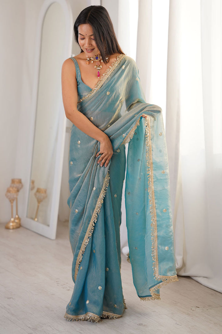 Cyan Color Party Wear Tow Tone Satin Lace Work Saree | Buy Online India