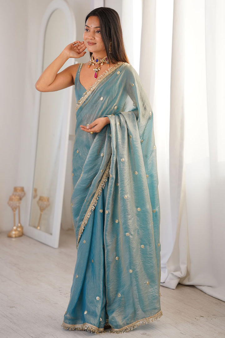 Cyan Color Party Wear Tow Tone Satin Lace Work Saree | Buy Online India
