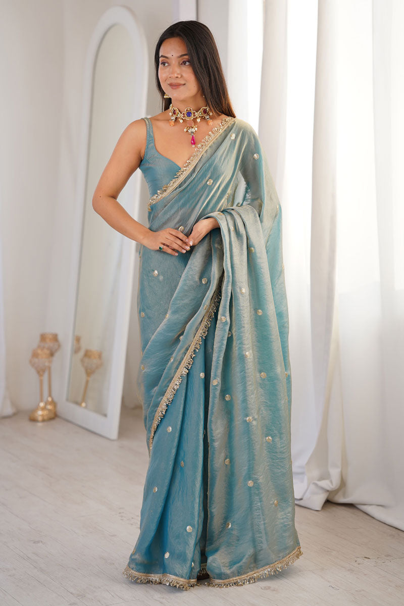 Cyan Color Party Wear Tow Tone Satin Lace Work Saree | Buy Online India
