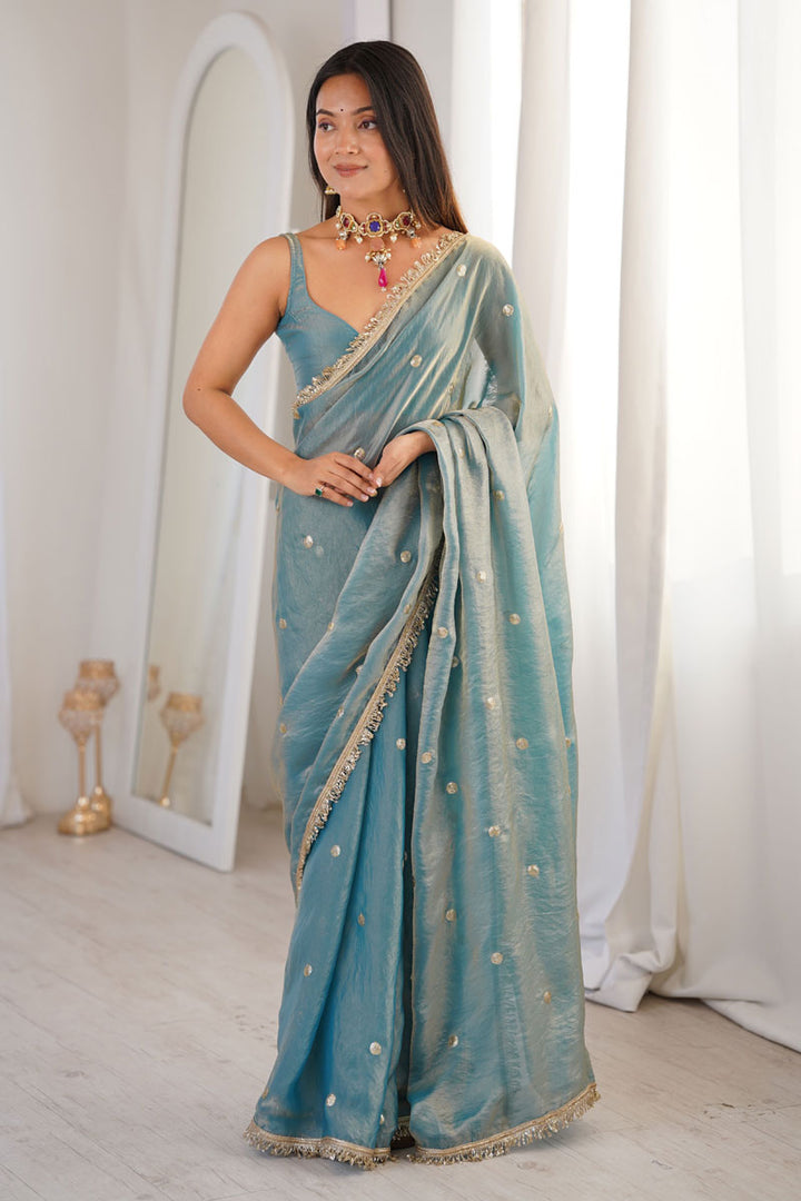 Cyan Color Party Wear Tow Tone Satin Lace Work Saree | Buy Online India