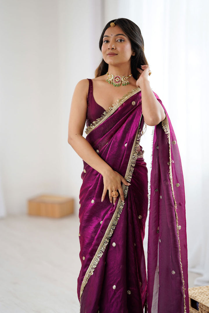 Wine Color Satin Lace Work Saree For Party | Buy Online India