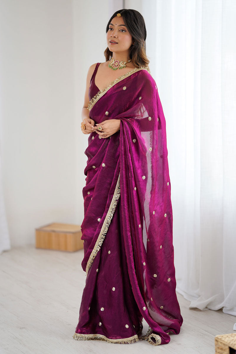 Wine Color Satin Lace Work Saree For Party | Buy Online India