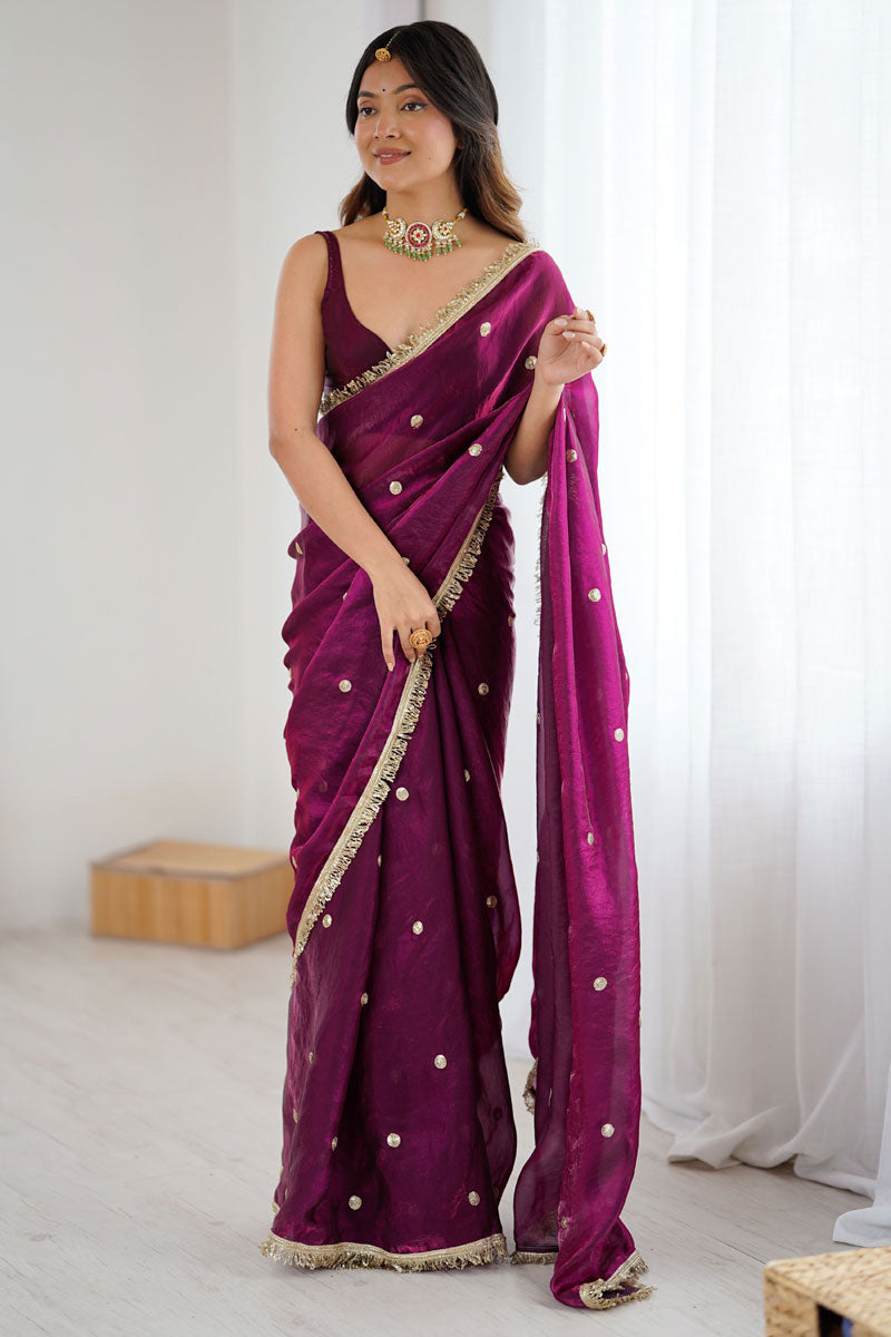 Wine Color Satin Lace Work Saree For Party | Buy Online India