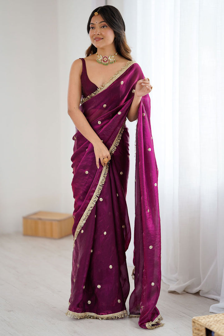 Wine Color Satin Lace Work Saree For Party | Buy Online India