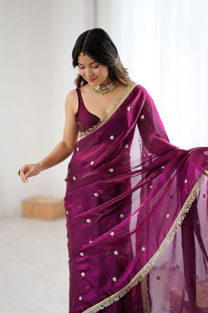 Wine Color Satin Lace Work Saree For Party | Buy Online India