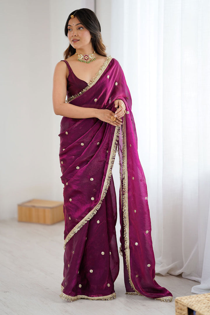 Wine Color Satin Lace Work Saree For Party | Buy Online India