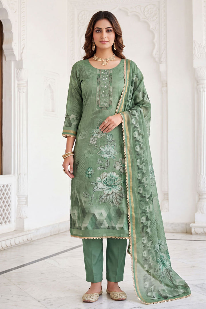 Linen Cotton Printed Green Salwar Suit For Festival