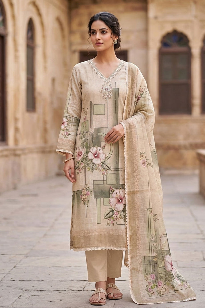 Cream Color Linen Cotton Salwar Suit For Festive