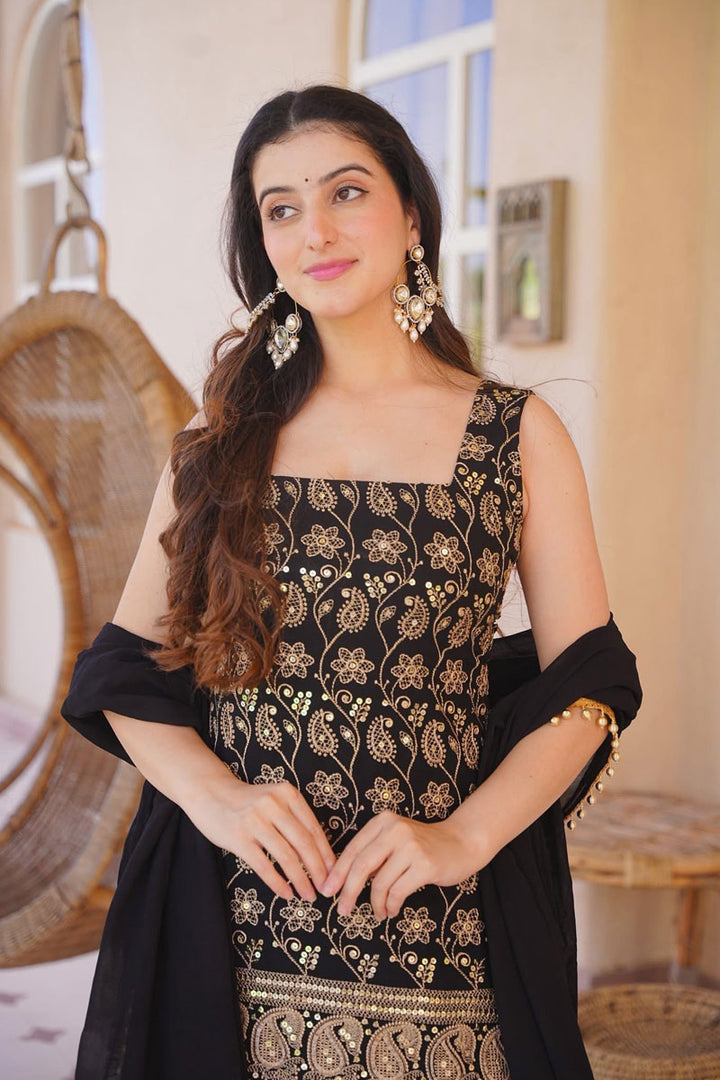 Black Color Embroidered Silk Palazzo Suit