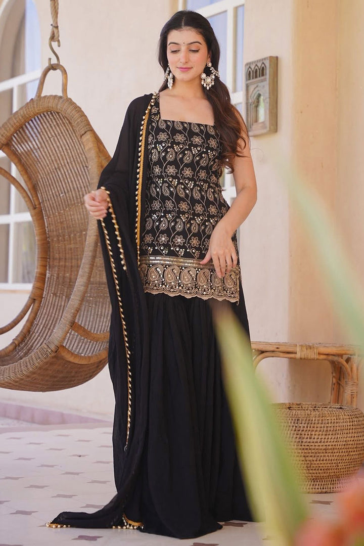 Black Color Embroidered Silk Palazzo Suit