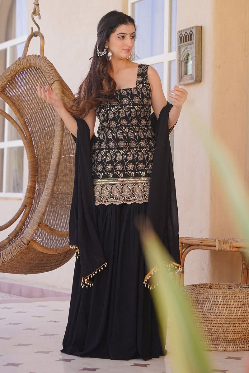 Black Color Embroidered Silk Palazzo Suit