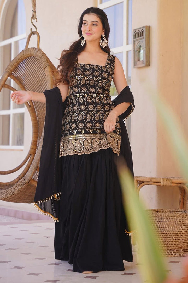 Black Color Embroidered Silk Palazzo Suit
