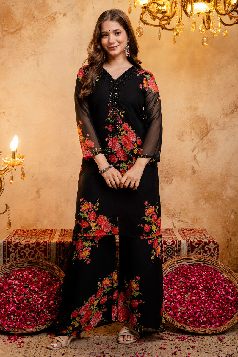 Black Color Festive Style Georgette Palazzo Suit