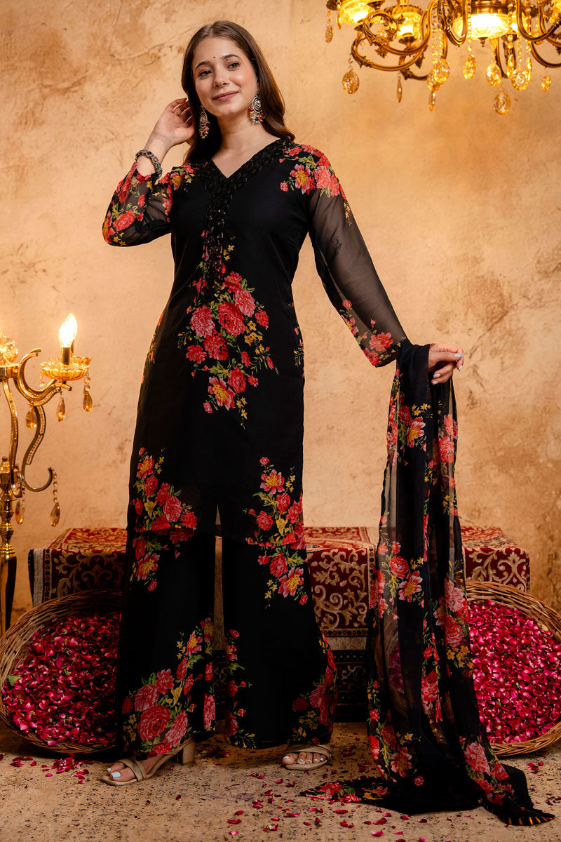 Black Color Festive Style Georgette Palazzo Suit