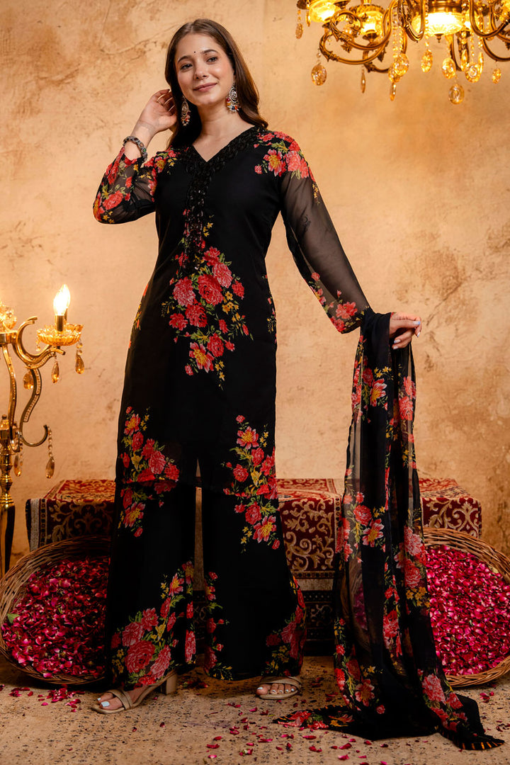Black Color Festive Style Georgette Palazzo Suit