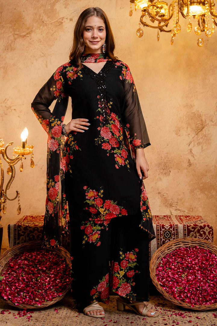 Black Color Festive Style Georgette Palazzo Suit