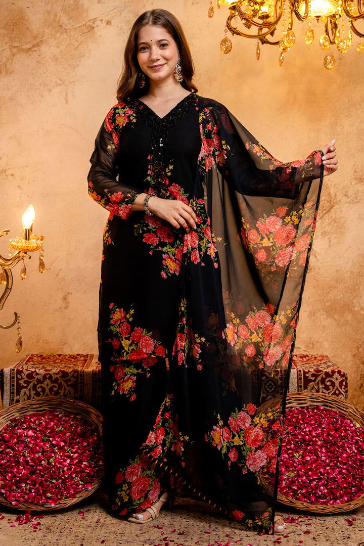 Black Color Festive Style Georgette Palazzo Suit