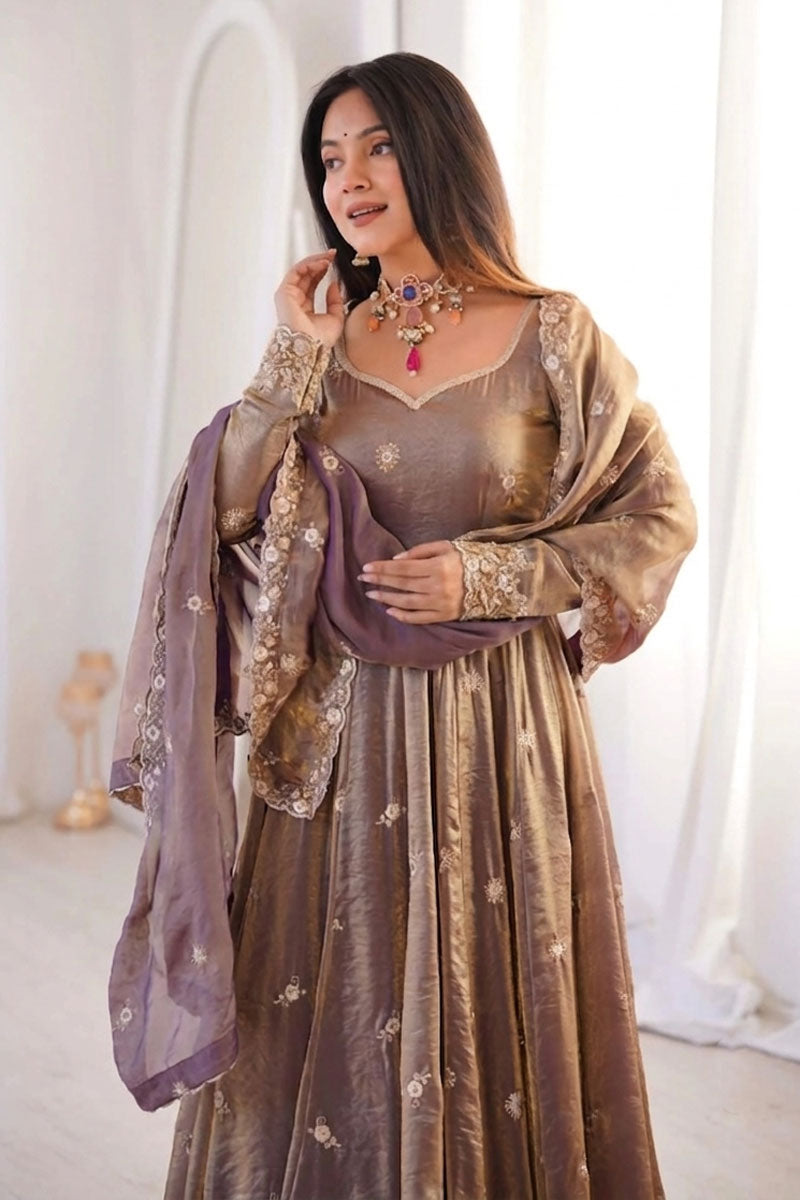 Satin Fabric Beige Color Embroidered Anarkali Suit