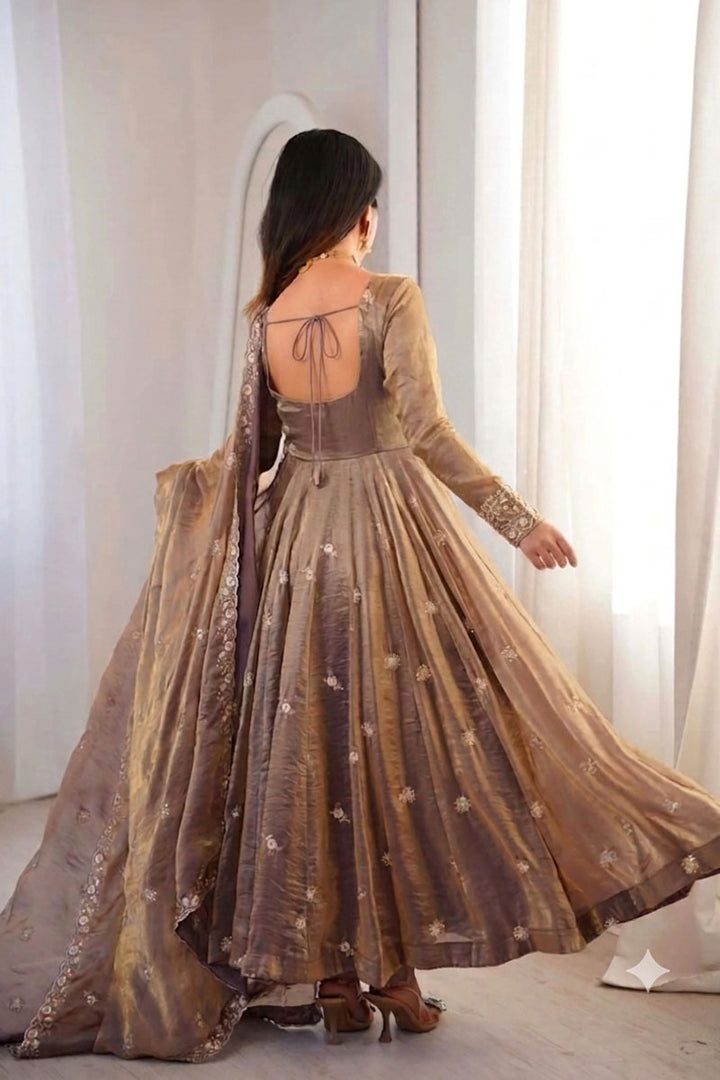 Satin Fabric Beige Color Embroidered Anarkali Suit