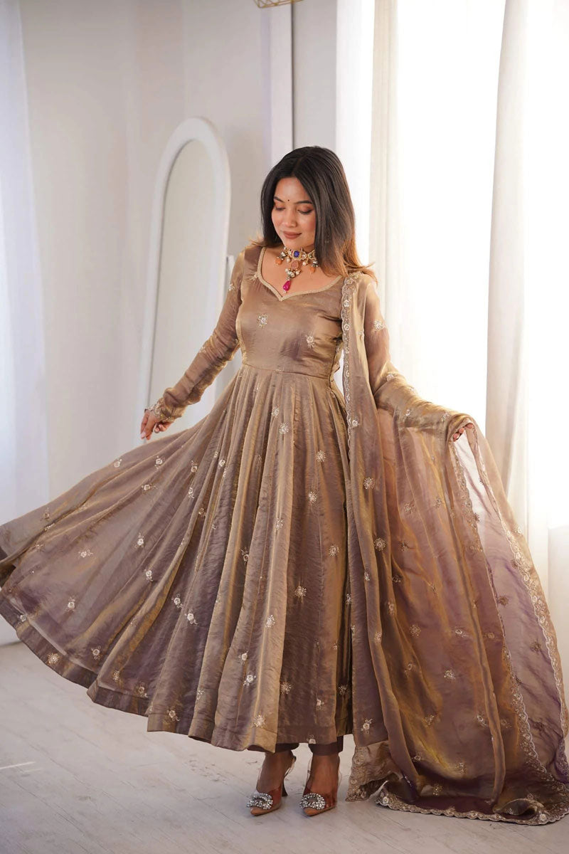 Satin Fabric Beige Color Embroidered Anarkali Suit