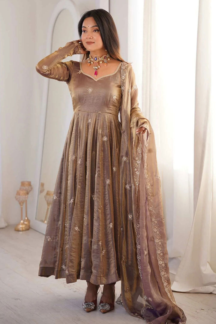 Satin Fabric Beige Color Embroidered Anarkali Suit