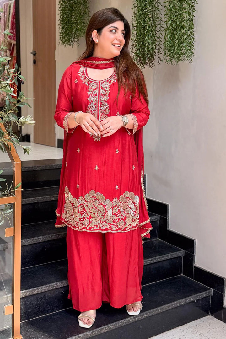 Red Color Crepe Fabric Festive Palazzo Suit