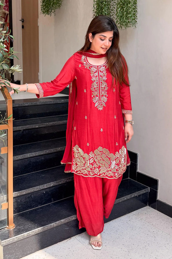 Red Color Crepe Fabric Festive Palazzo Suit