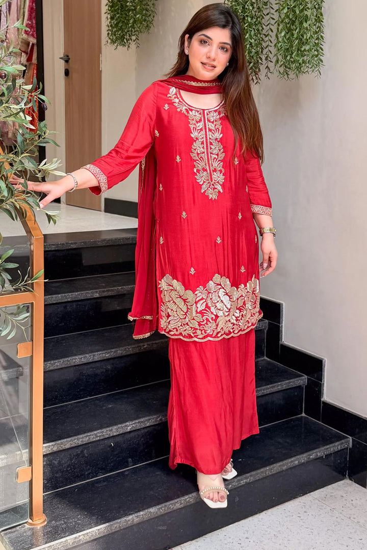 Red Color Crepe Fabric Festive Palazzo Suit