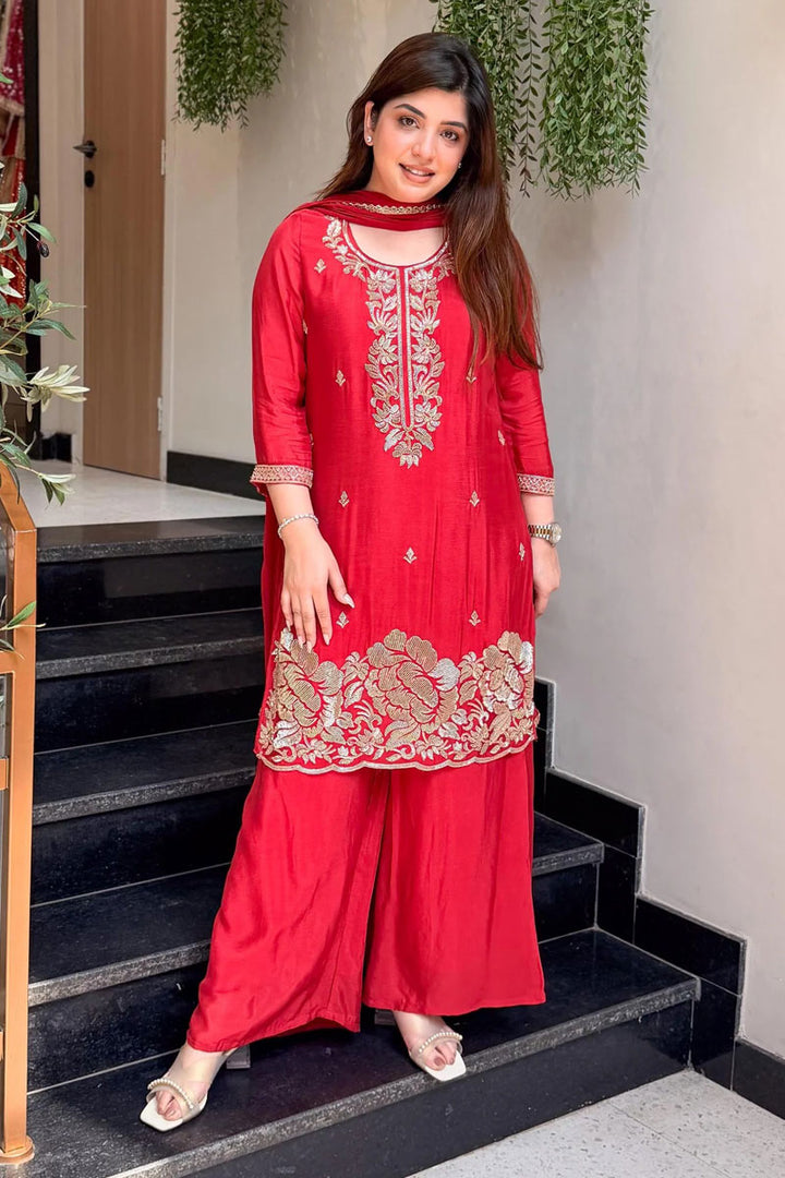 Red Color Crepe Fabric Festive Palazzo Suit
