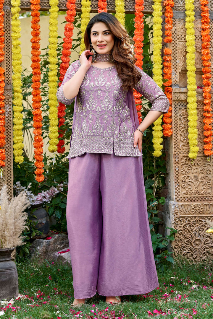 Chinon Fabric Palazzo Suit In Purple Color