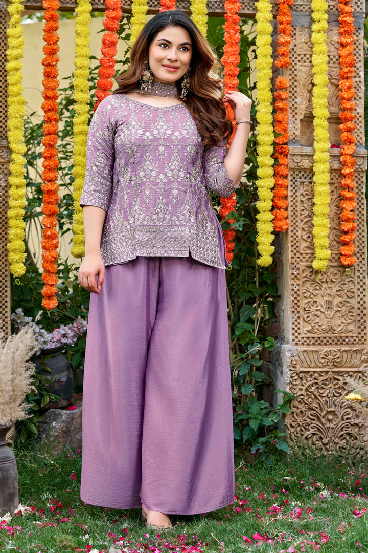Chinon Fabric Palazzo Suit In Purple Color