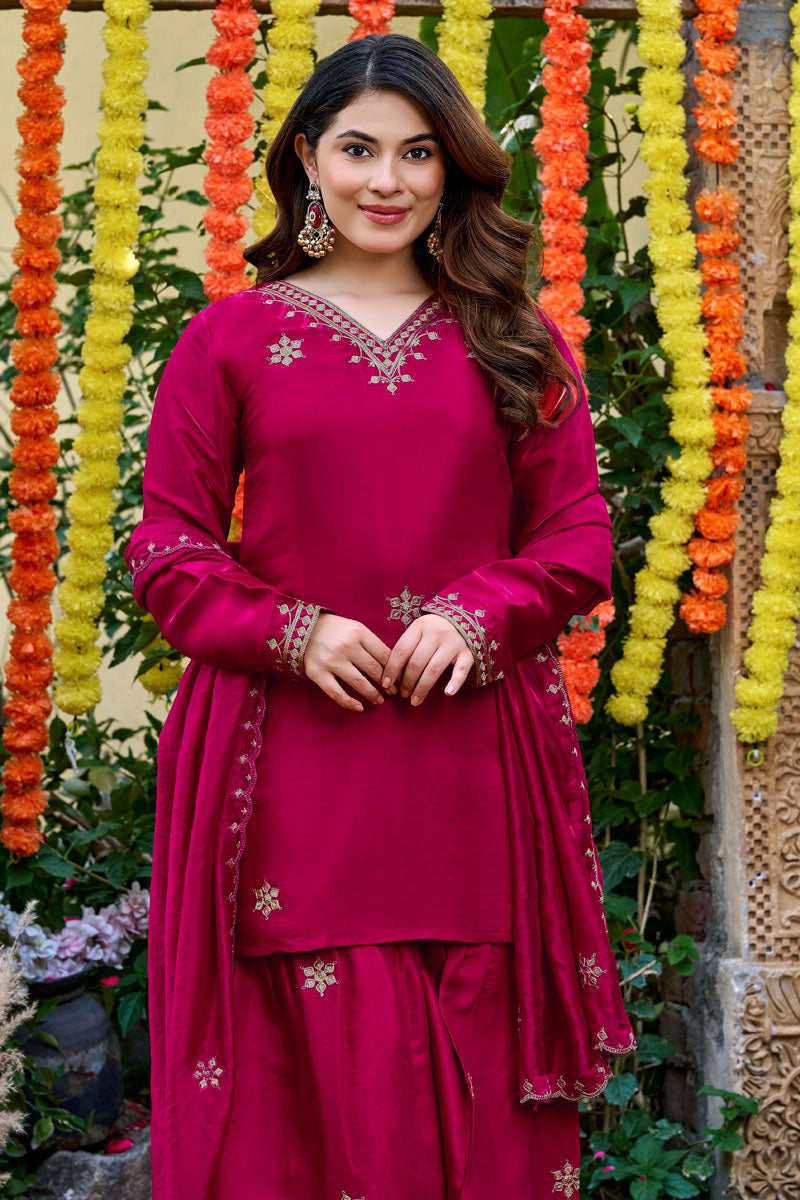 Festive Style Viscose Fabric Rani Color Palazzo Suit