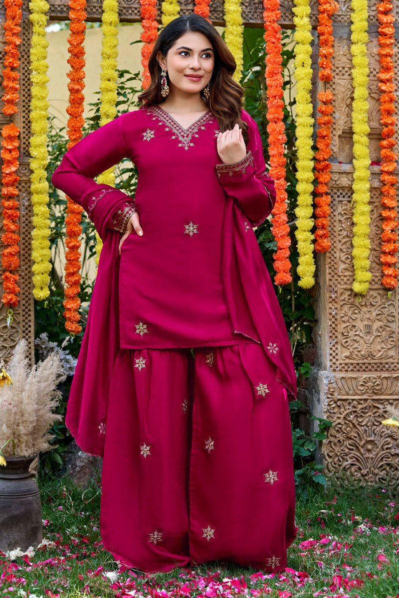 Festive Style Viscose Fabric Rani Color Palazzo Suit