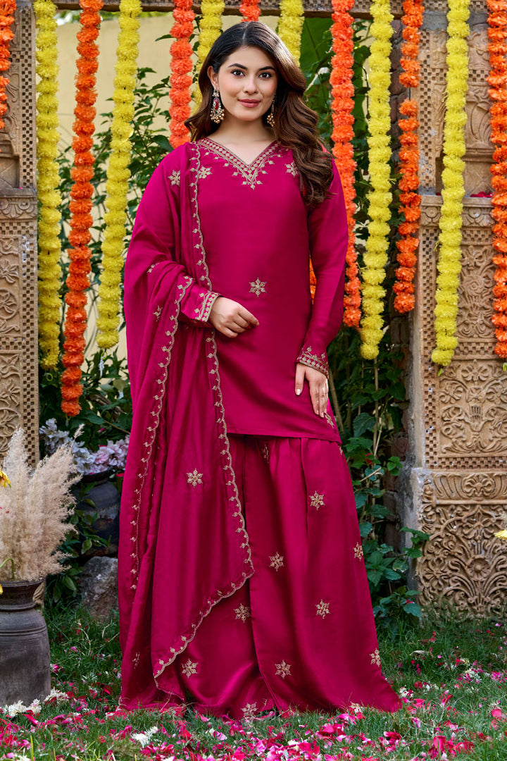 Festive Style Viscose Fabric Rani Color Palazzo Suit