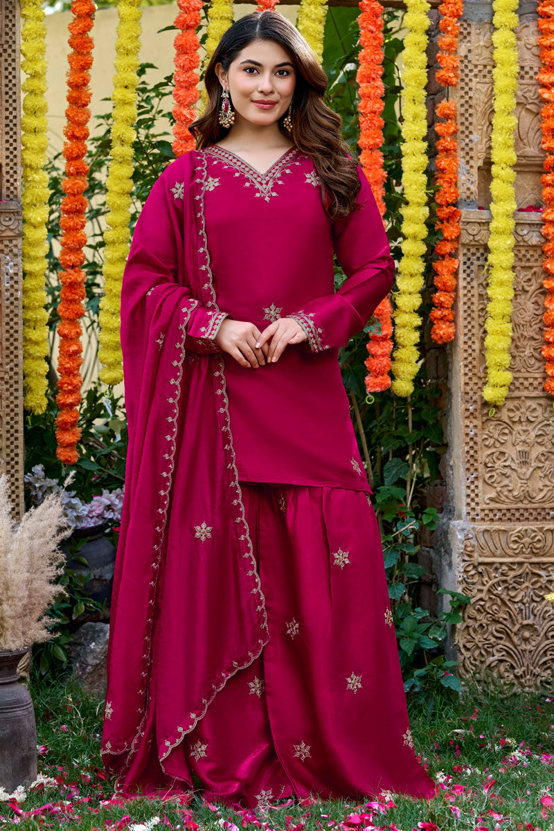 Festive Style Viscose Fabric Rani Color Palazzo Suit