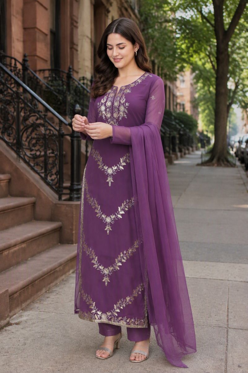 Purple Georgette Embroidered Festive Style Salwar Suit