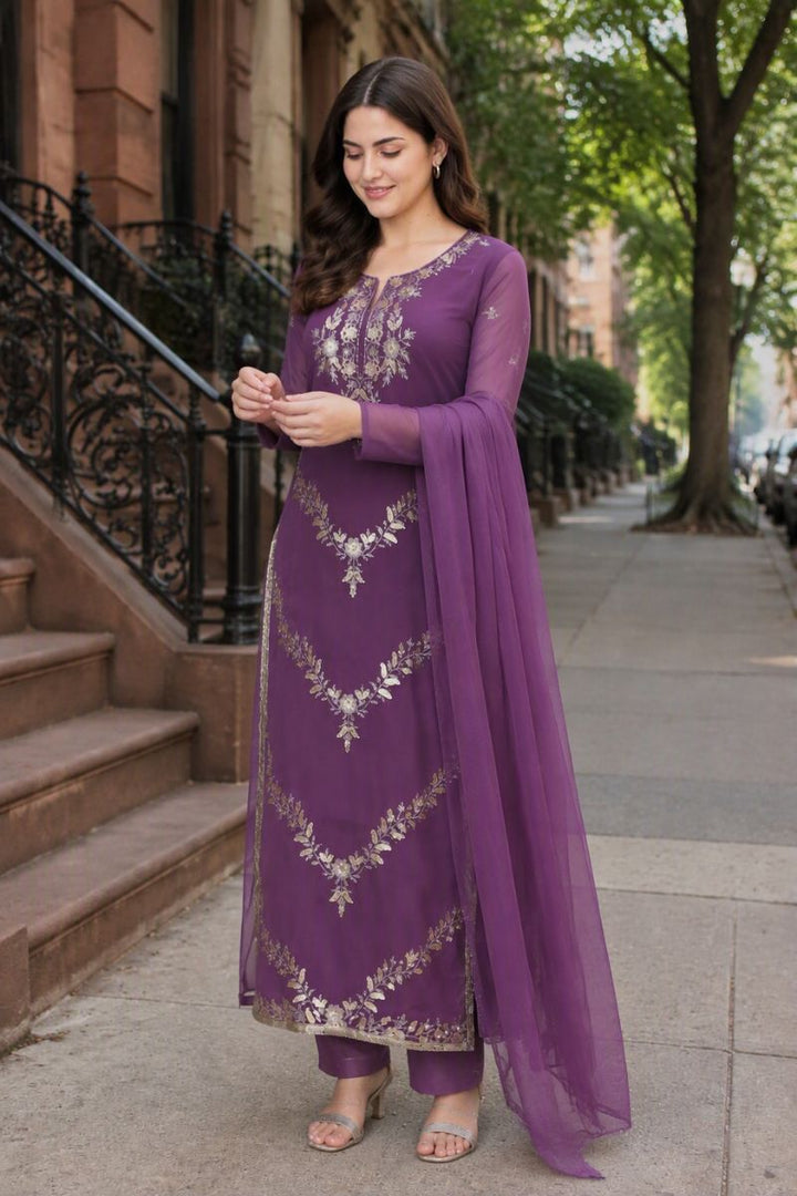 Purple Georgette Embroidered Festive Style Salwar Suit