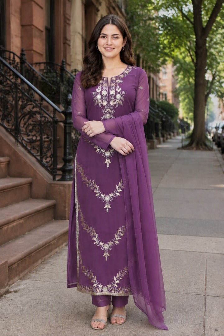 Purple Georgette Embroidered Festive Style Salwar Suit