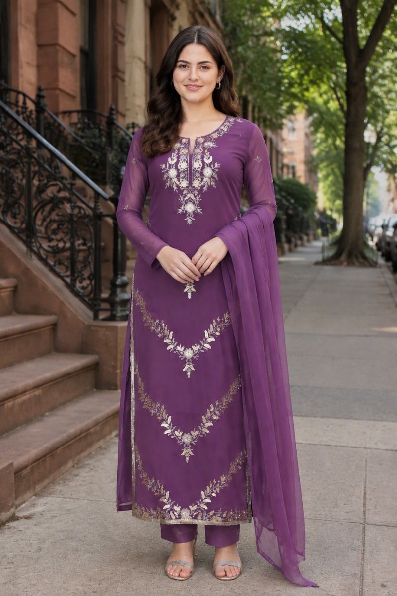 Purple Georgette Embroidered Festive Style Salwar Suit