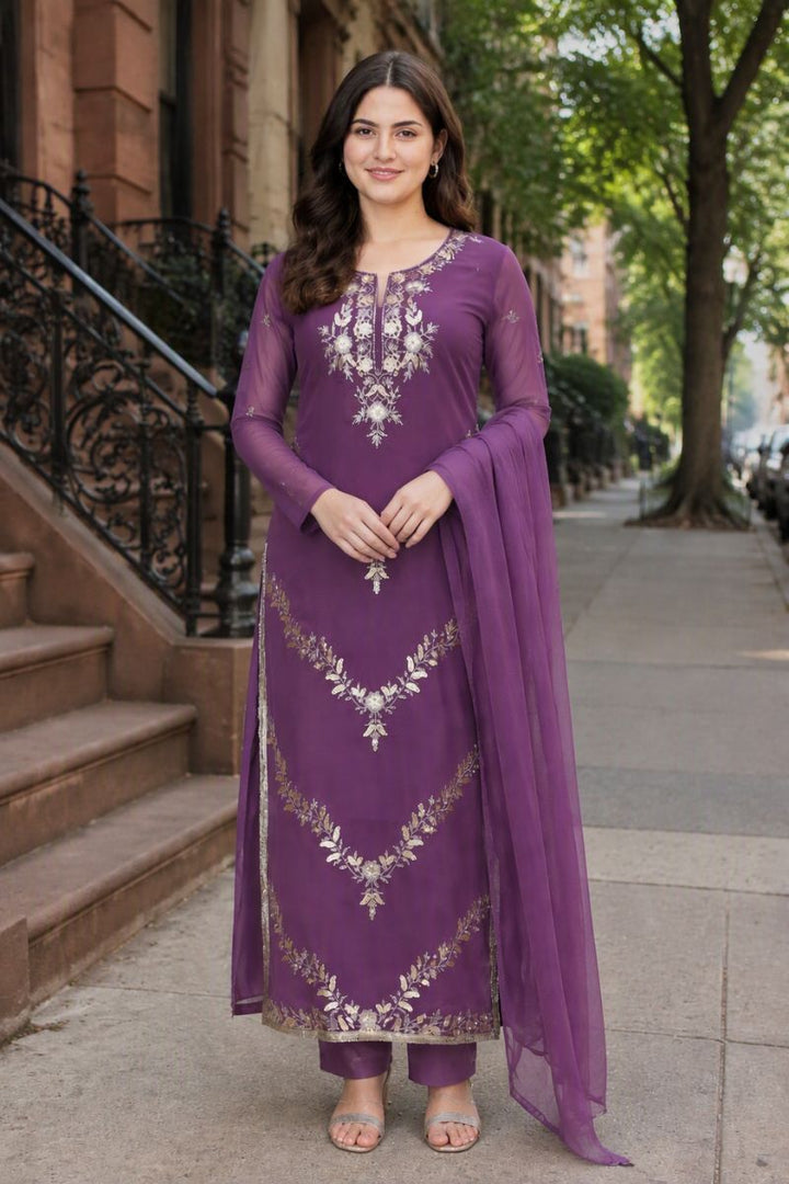 Purple Georgette Embroidered Festive Style Salwar Suit
