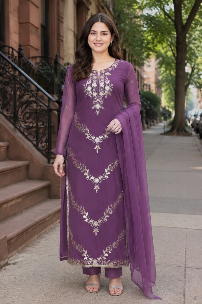 Purple Georgette Embroidered Festive Style Salwar Suit