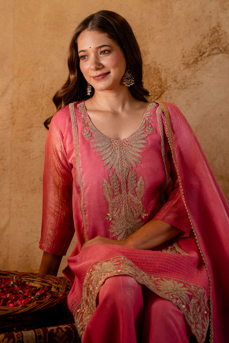 Fancy Fabric Festive Wear Palazzo Suit In Pink Color