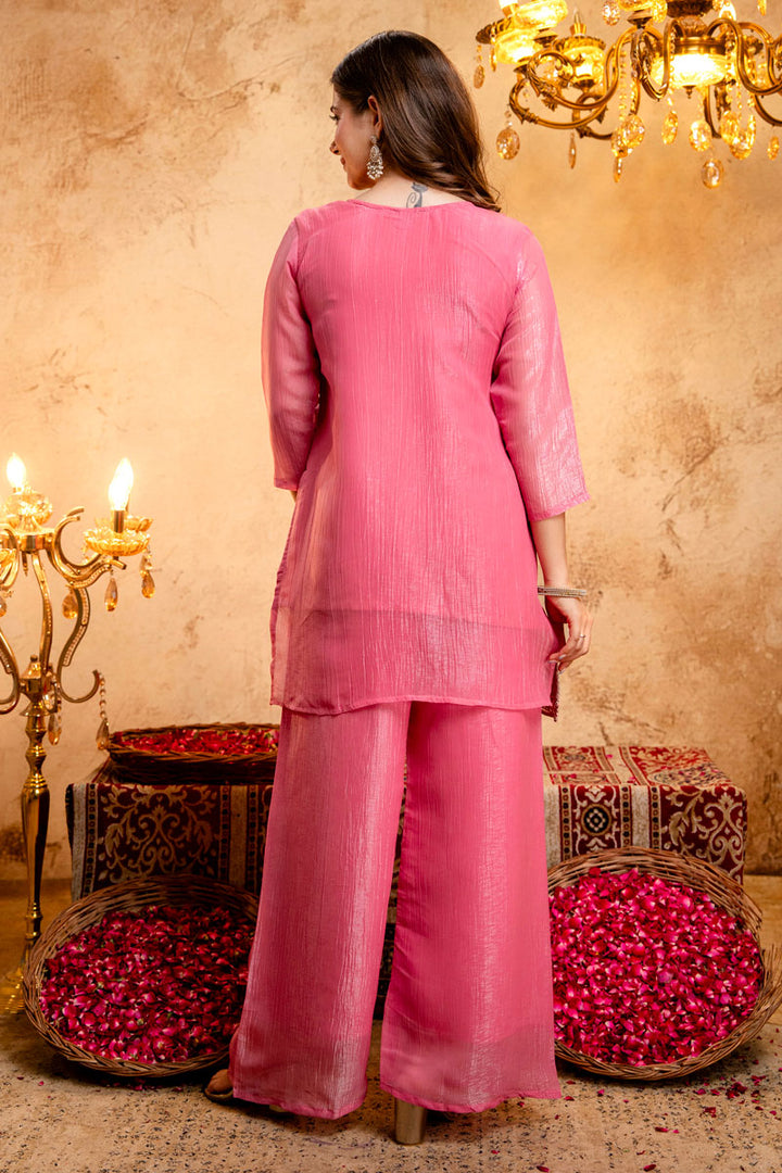 Fancy Fabric Festive Wear Palazzo Suit In Pink Color