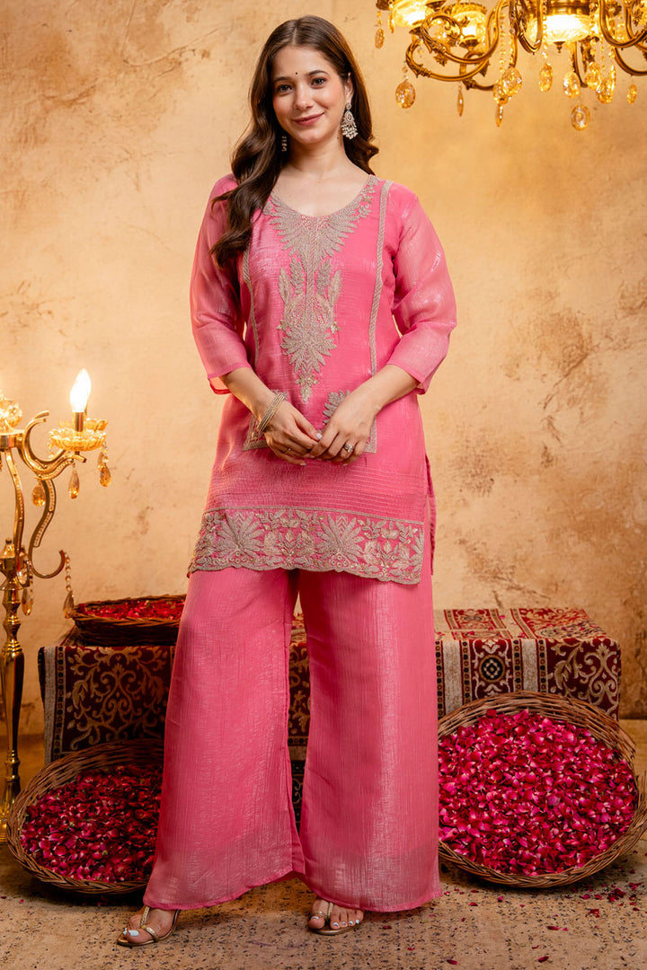Fancy Fabric Festive Wear Palazzo Suit In Pink Color