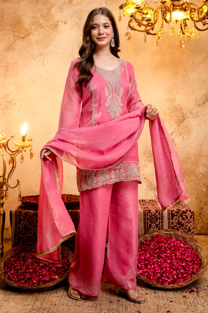 Fancy Fabric Festive Wear Palazzo Suit In Pink Color