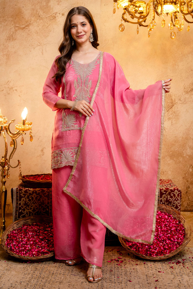 Fancy Fabric Festive Wear Palazzo Suit In Pink Color