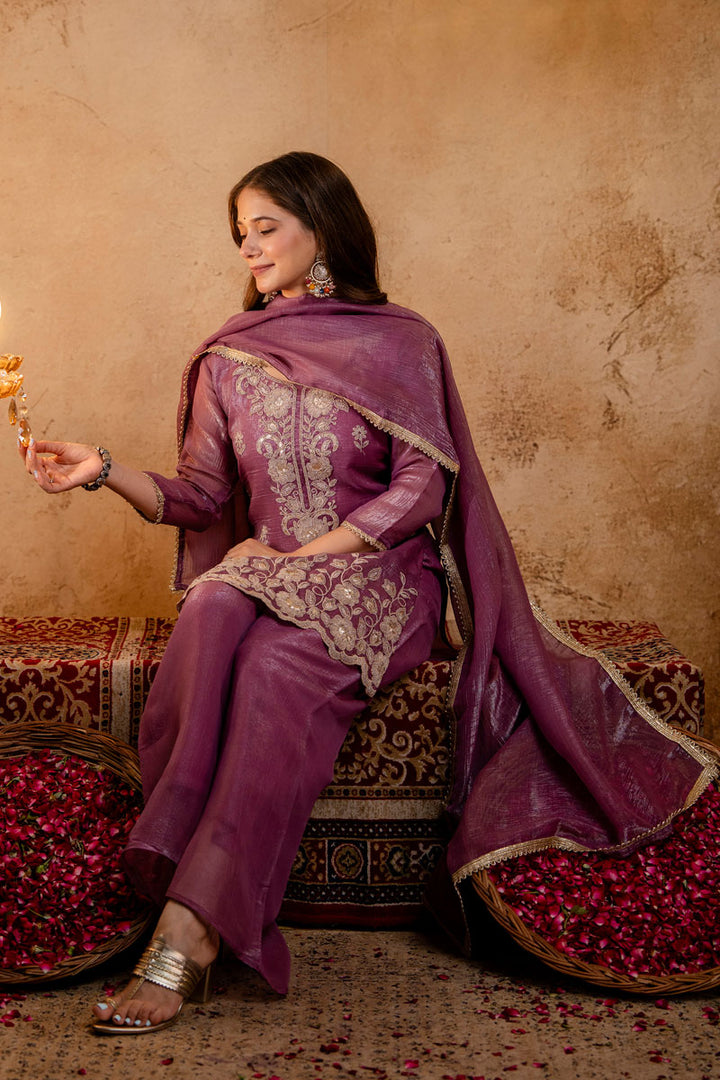 Fancy Fabric Festive Palazzo Suit In Purple Color