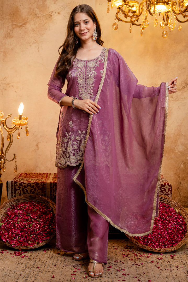 Fancy Fabric Festive Palazzo Suit In Purple Color
